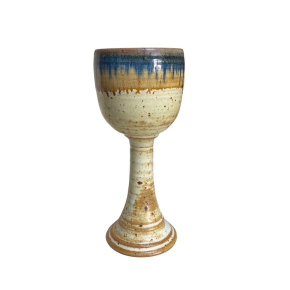 Studio Art Pottery Goblet Signed Ceramic Chalice Cup Wine Artsy Earthy Boho Clay - Picture 1 of 10
